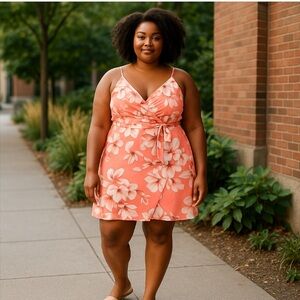 *New Boohoo Dress Womens Plus Size 24 Coral Floral Wrap Midi Surplice Summer Sun